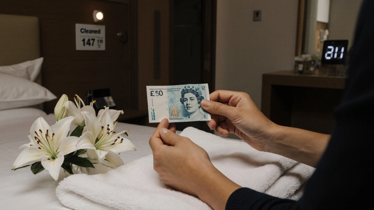 A hand offering cash and a small bouquet on a clean towel in a hotel room, with a clock showing time is nearly up.