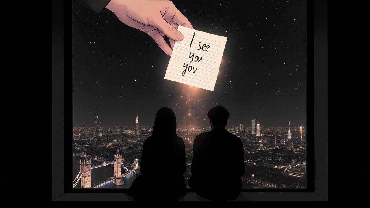 A handwritten note saying &#039;I see you&#039; glowing above two figures overlooking London at night.