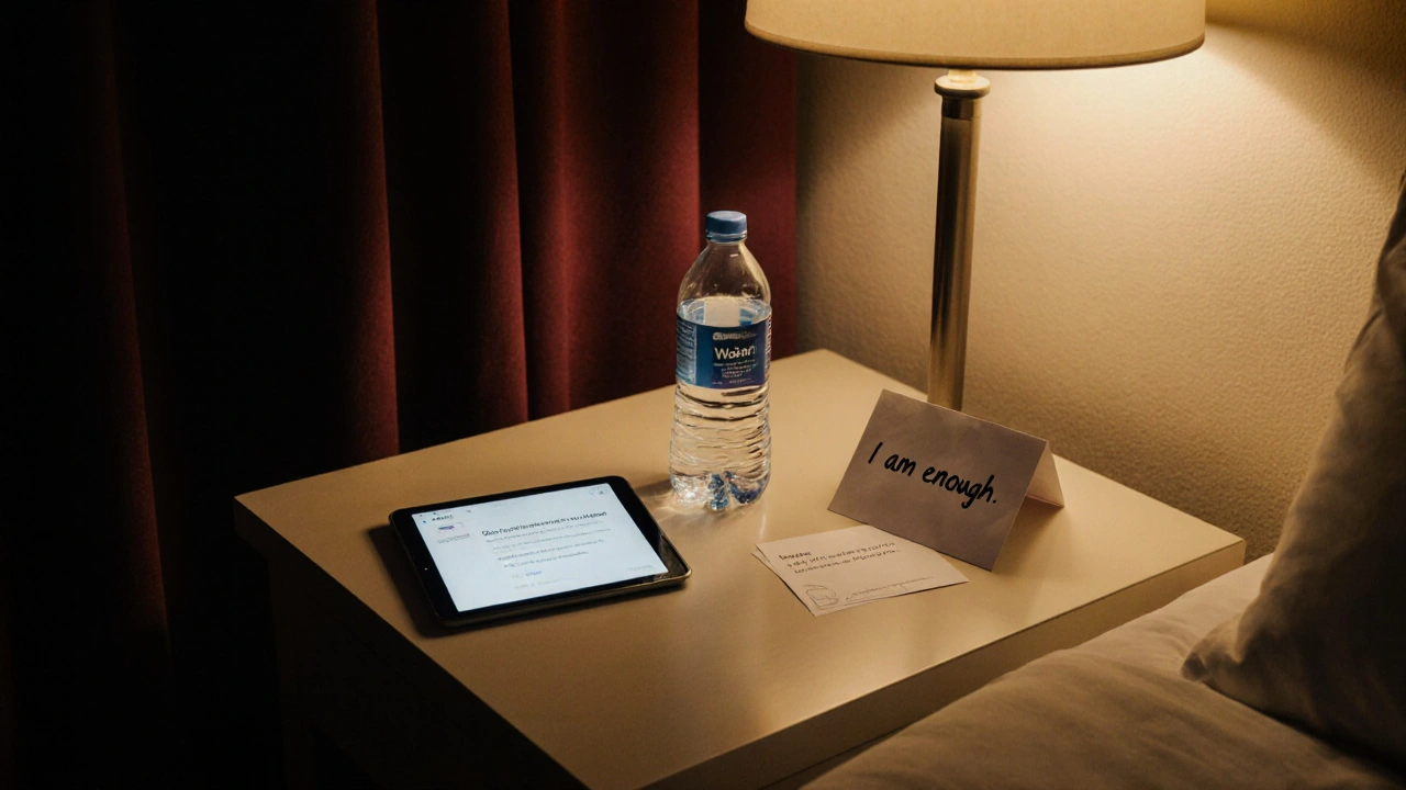 A hotel room bedside table with payment confirmation, safety app, and a note saying &#039;I am enough.&#039;