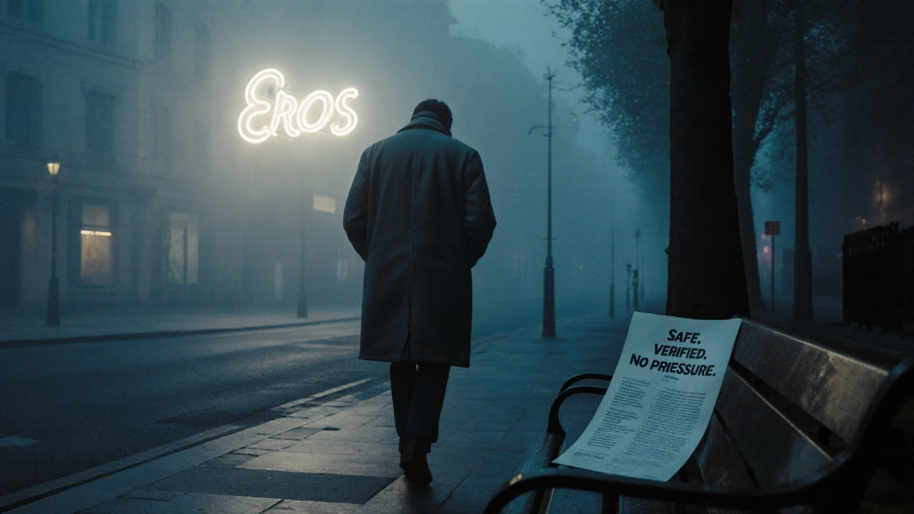A lone figure walking away at dawn near a faint neon sign, symbolizing transition and solitude.