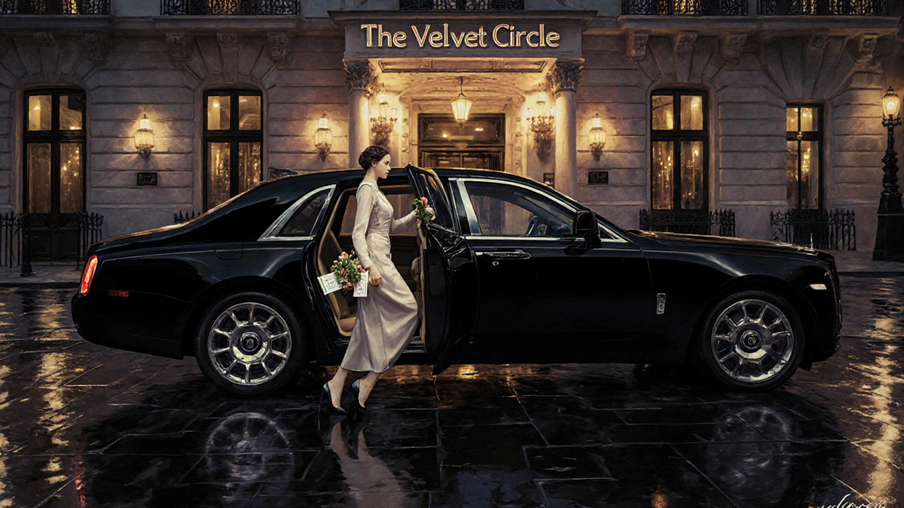 A luxury BBW escort arriving at a five-star London hotel in an elegant vintage dress.