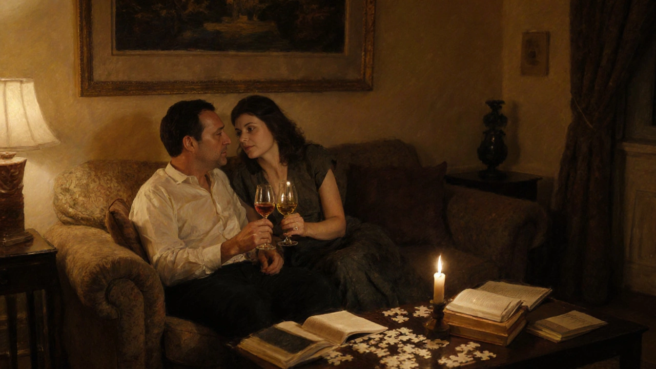 A man and woman share quiet conversation over wine on a sofa, bathed in candlelight, emphasizing emotional connection over physical intimacy.