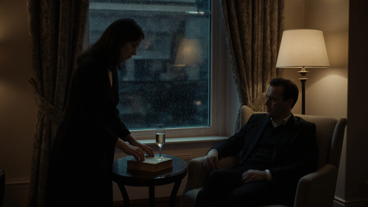 A man and woman sit in peaceful silence in a Mayfair apartment, rain on windows, a book and champagne beside them.