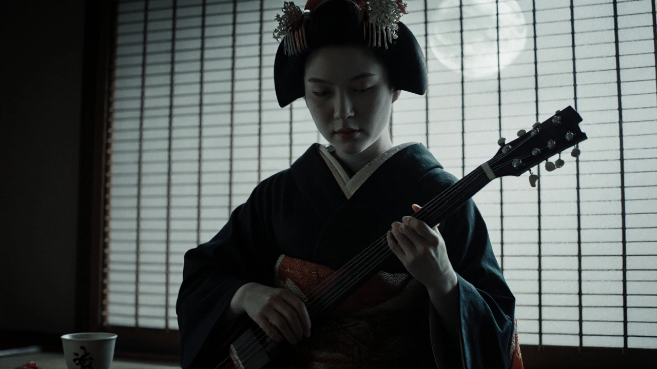 A modern geisha playing shamisen in a quiet tea house under moonlight, exuding quiet mastery.