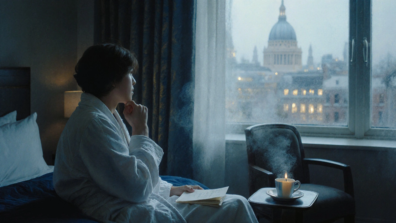 A person alone by a foggy window in a hotel room, candlelight glowing, a folded note on the bedside table.