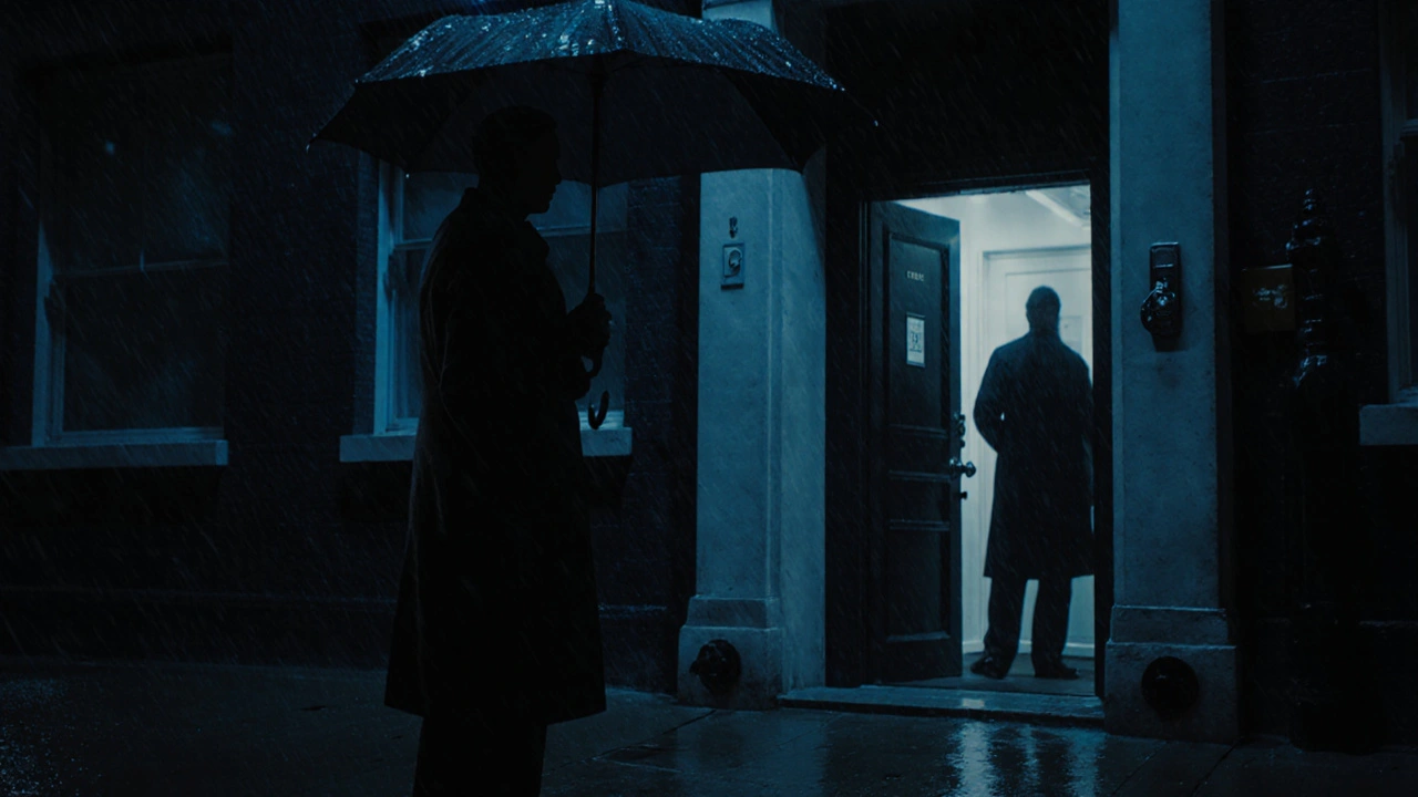 A person waits outside a private London building at night, while someone inside checks through a peephole — emphasizing safety and caution.