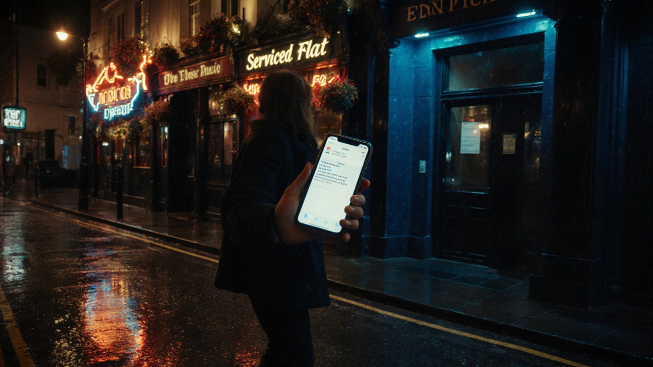 A person walking away from a discreet London flat at night, phone in hand.