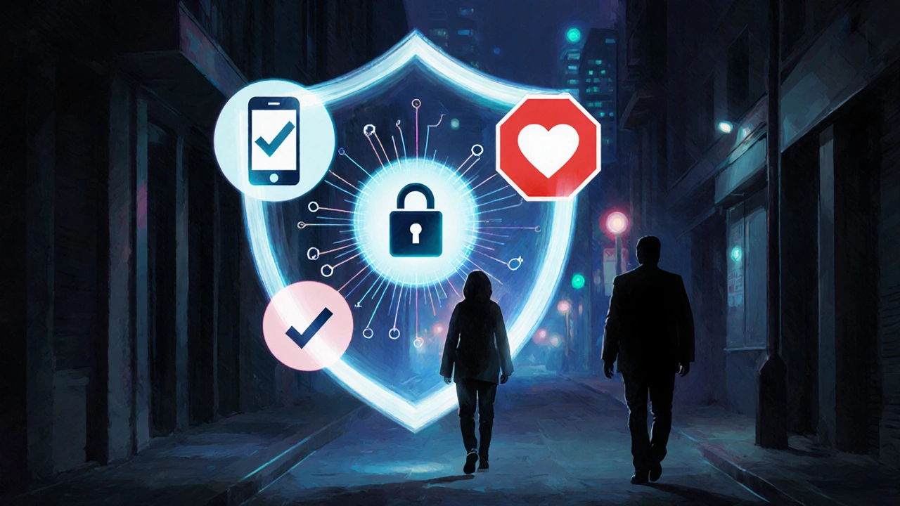 A person walking away from a shadowy figure, protected by a shield made of safety icons like phone, lock, and stop sign.