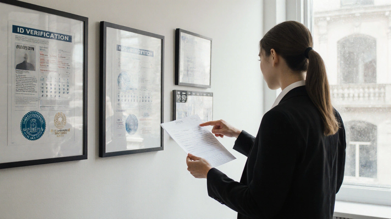 A professional escort agency office in Mayfair with verified IDs and health certifications displayed on the wall, client reviewing booking details.
