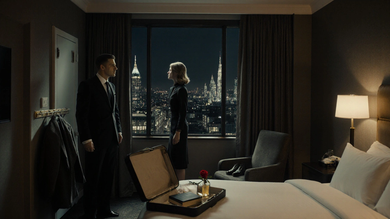 A professional escort in a hotel room, standing by the window with city lights behind her.