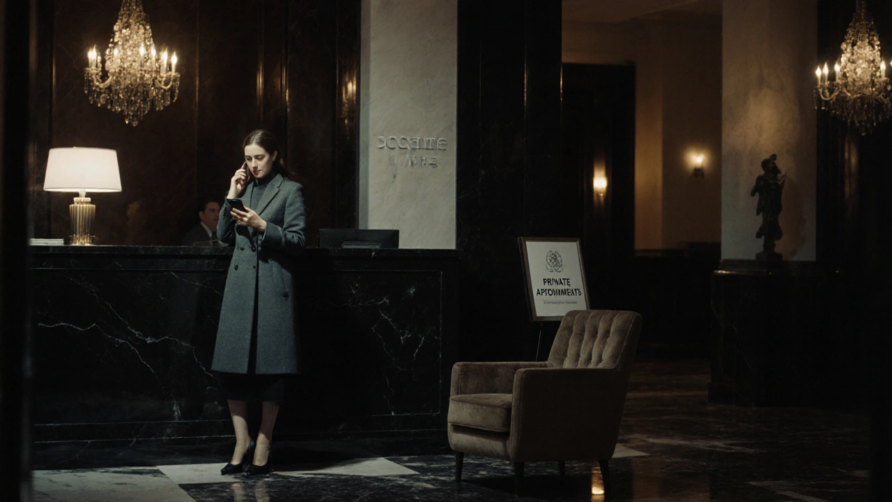 A professional woman waiting in a luxury London hotel lobby for a private appointment.