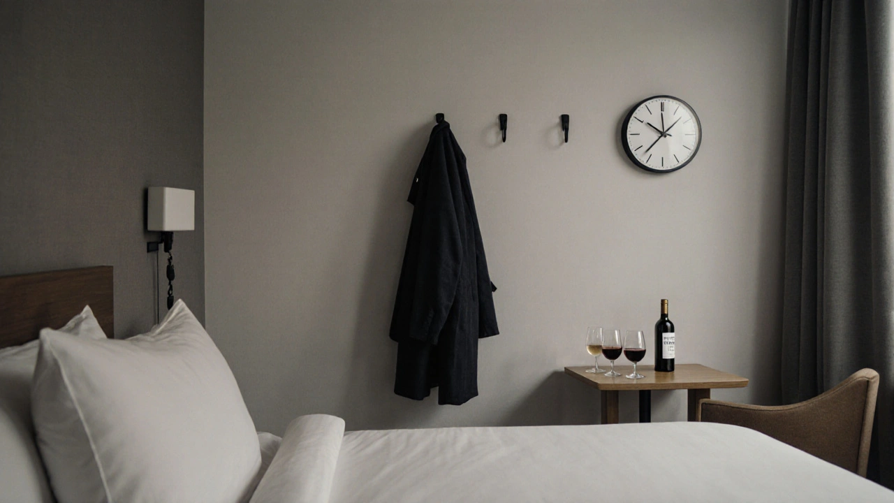 A quiet hotel room with wine glasses and a confirmed booking on a phone, emphasizing safety and professionalism.