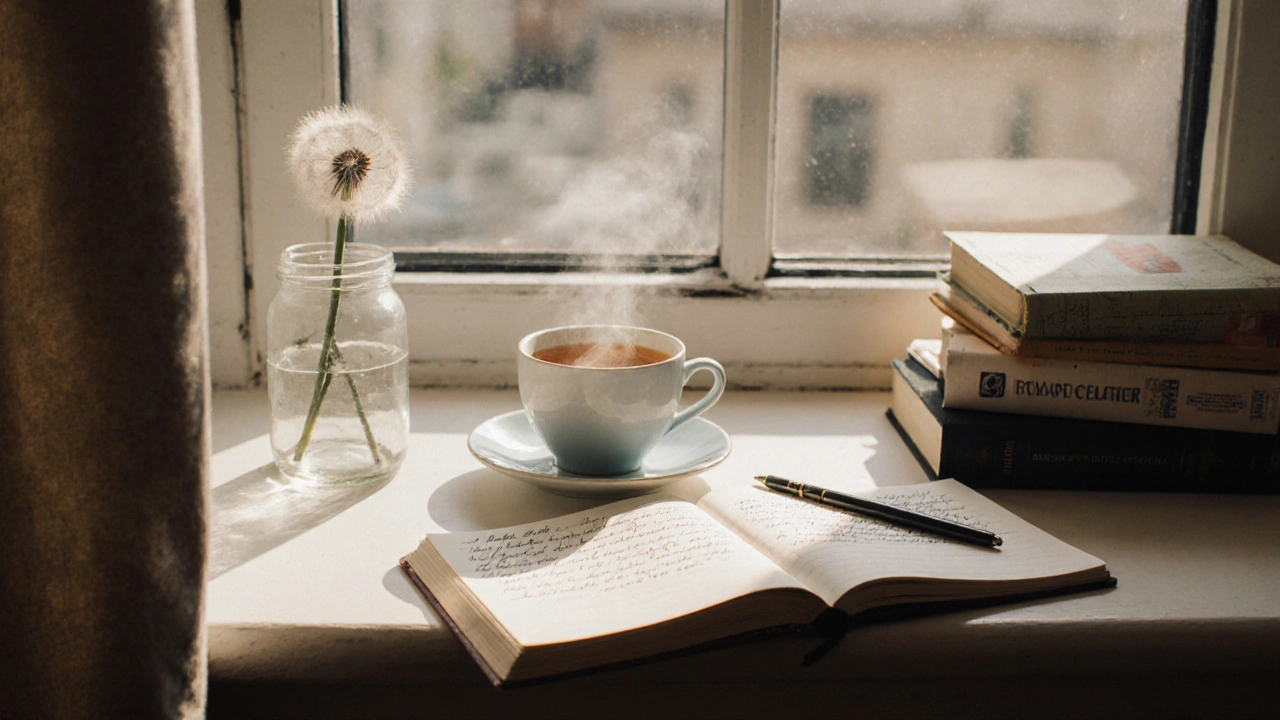 A serene windowsill with teacup, books, and a dandelion in a glass jar, symbolizing quiet authenticity.