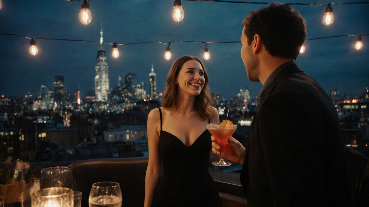 A well-dressed couple laughing at a rooftop bar, city lights glowing behind them.