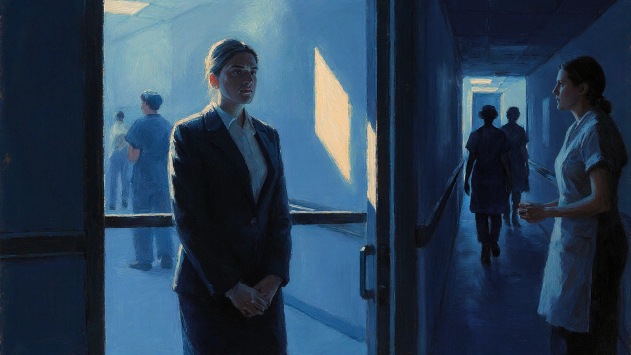 A woman at a hospital doorway, her reflection showing confidence while the real version faces a turning away nurse.