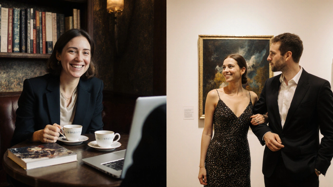A woman chatting with a client over tea in a café, then attending a gallery event together, both scenes highlighting connection.