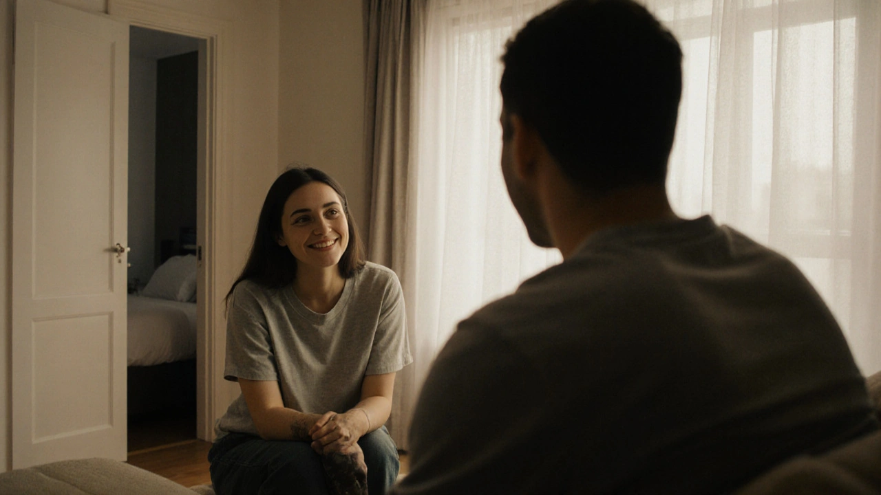 A woman listening attentively to a man in a private apartment, offering quiet companionship.