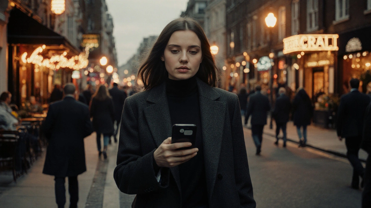 A woman walks confidently through Shoreditch at dusk, phone in hand, city lights blurred around her.