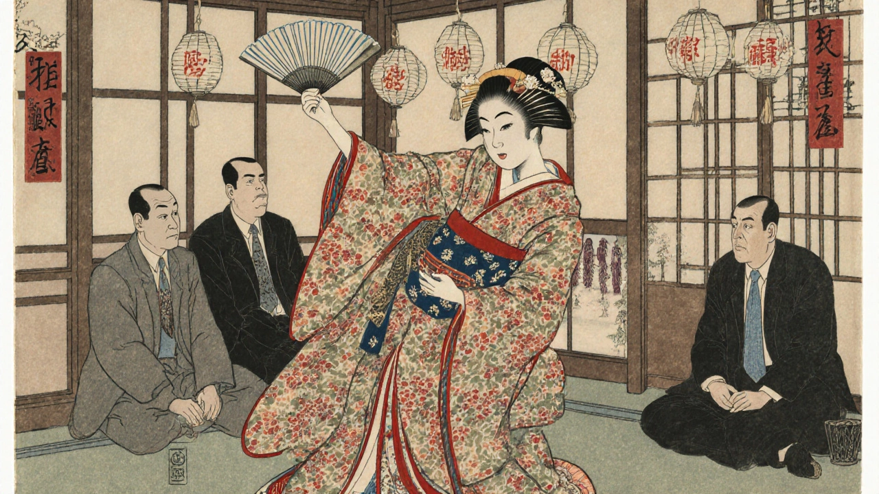 A young maiko performing a classical dance in a Kyoto tea house, surrounded by attentive patrons.