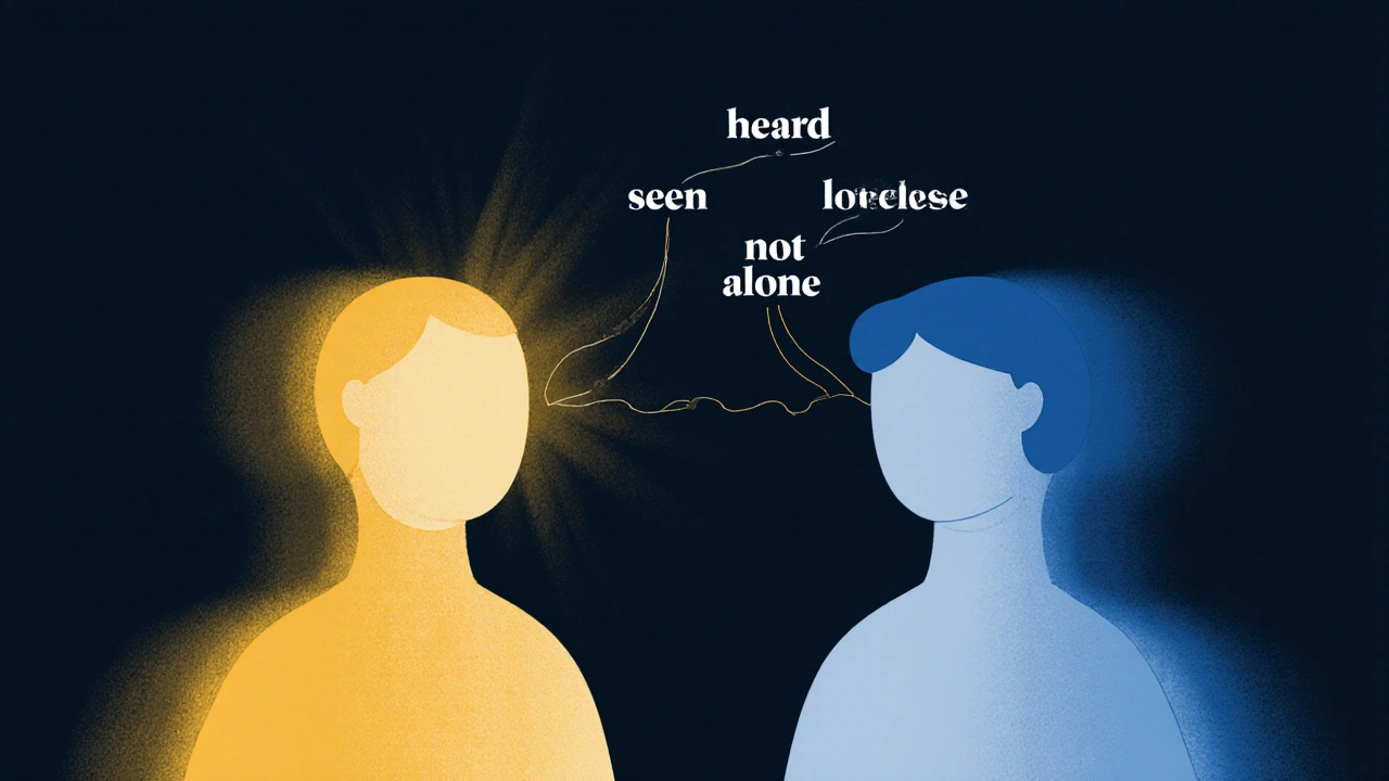 Abstract figures connected by light and words, symbolizing emotional connection and companionship.