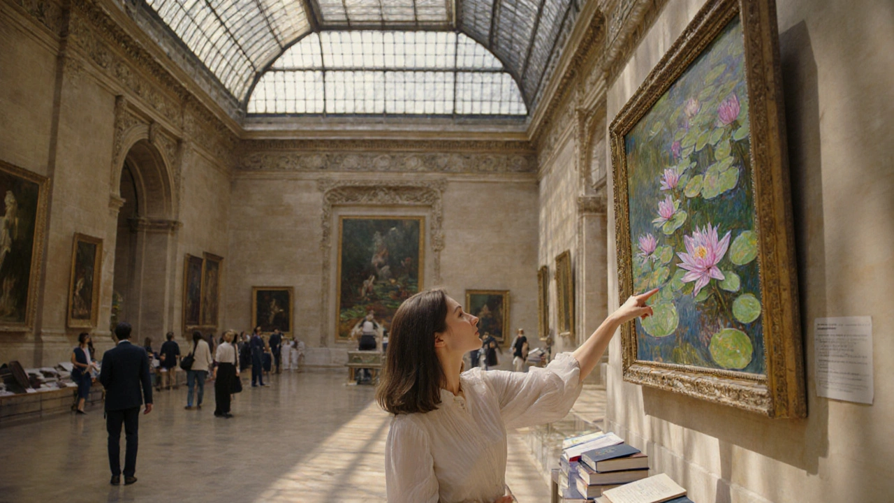 An art-loving companion explaining a Monet painting to a client in the Louvre.