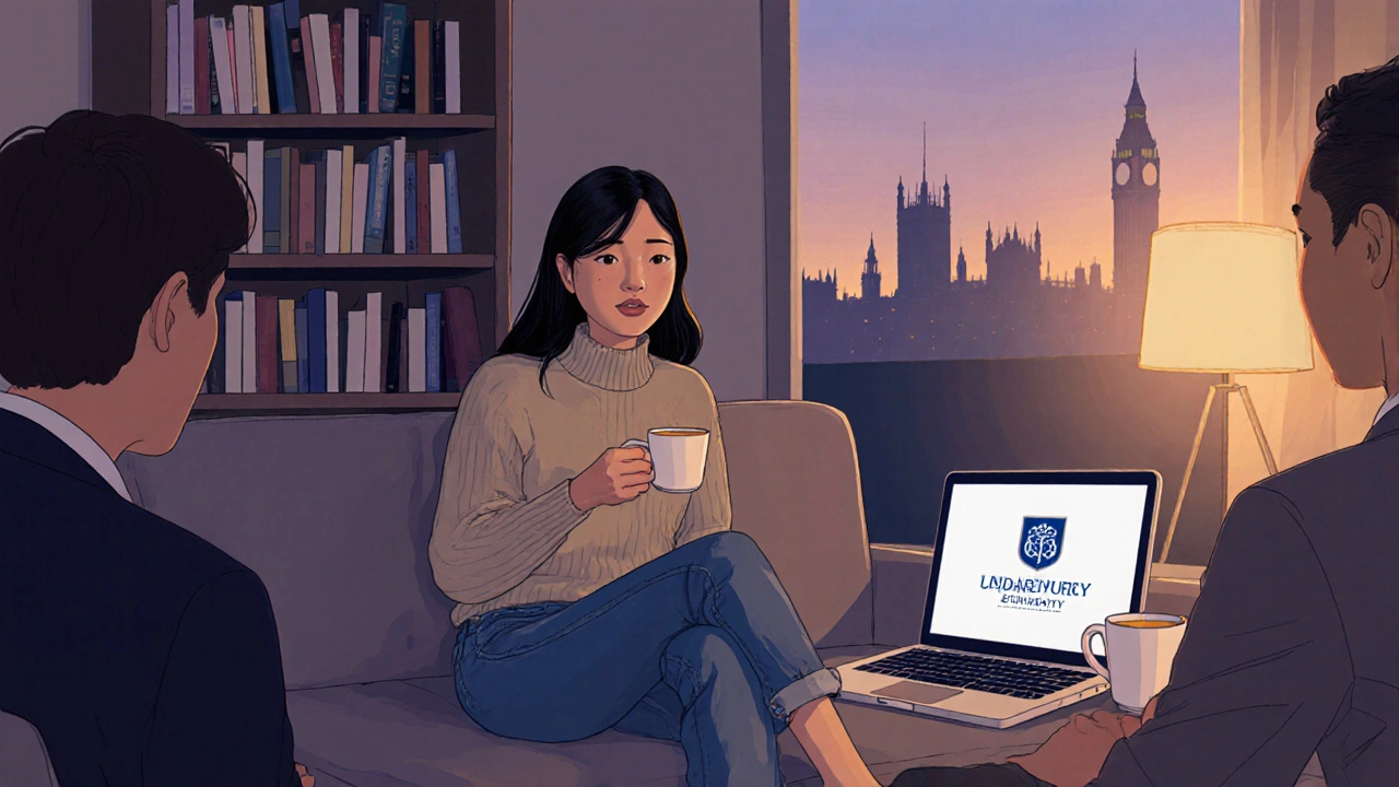 An Asian woman and client share tea in a cozy London apartment, books and university items visible.