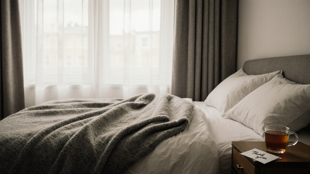 An empty bed with a folded blanket and a note of thanks, morning light streaming in.