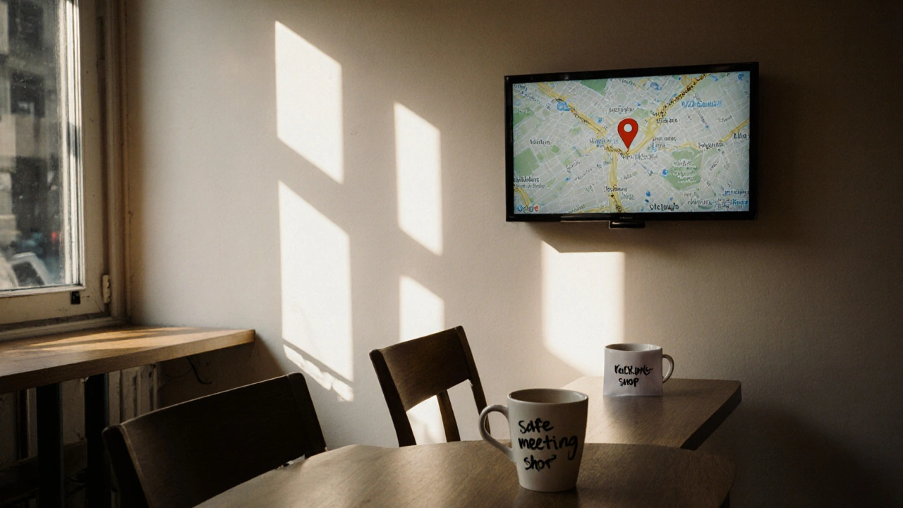 An empty Edinburgh café with a coffee cup and handwritten note, representing a safe, private meeting space.
