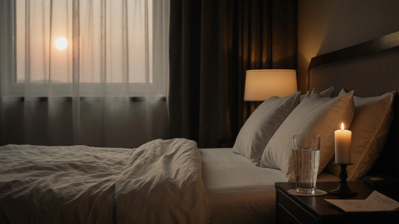 An empty hotel room after a session, candles out, a glass of water left behind, evoking quiet dignity and respect.
