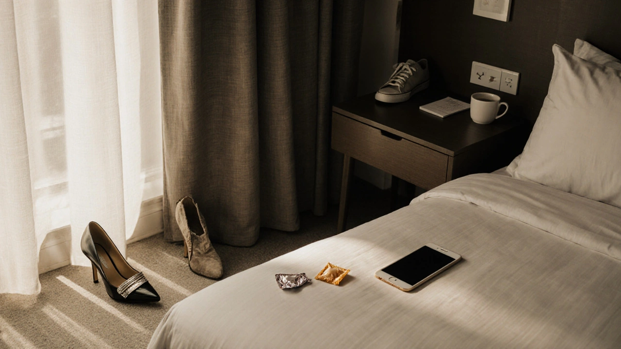An empty hotel room in the morning with shoes and a condom wrapper left behind, phone face down on the table.