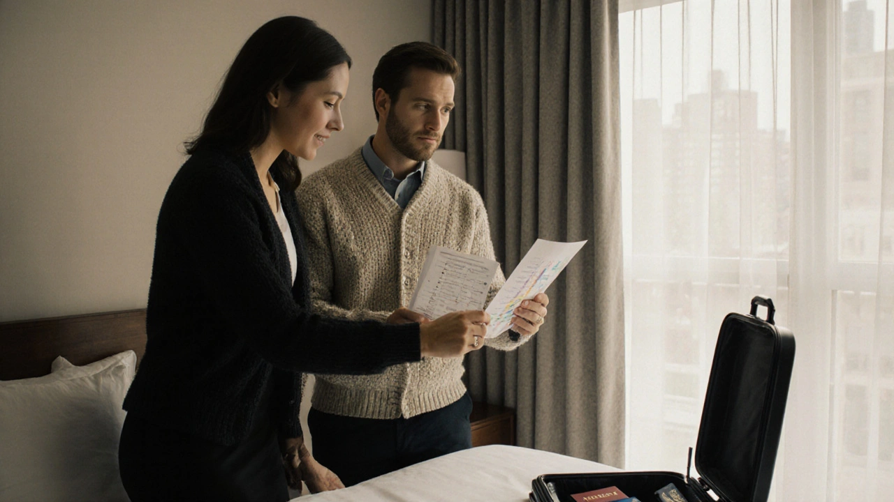 An escort and client reviewing travel plans in a tidy hotel room, suitcase open nearby.
