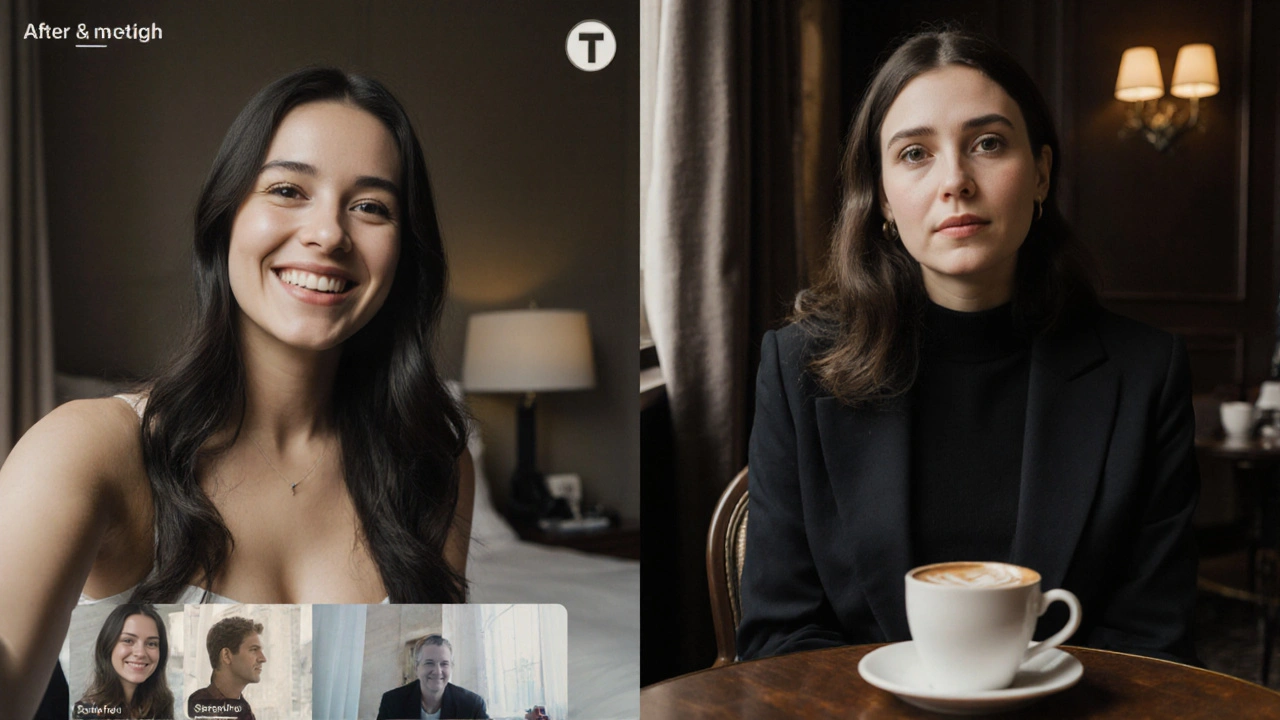 An escort video calling a client, then meeting them for coffee in a London café.