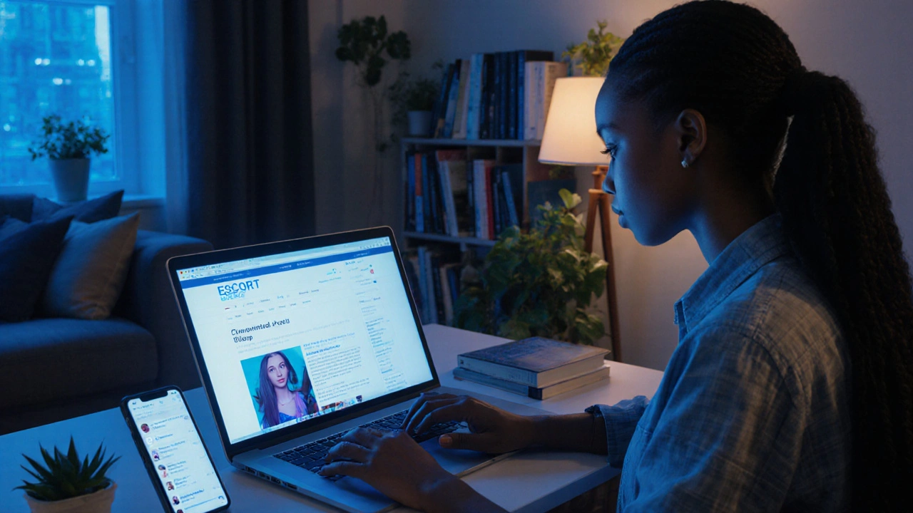 An independent escort working on a laptop with encrypted messages in a modern London flat.