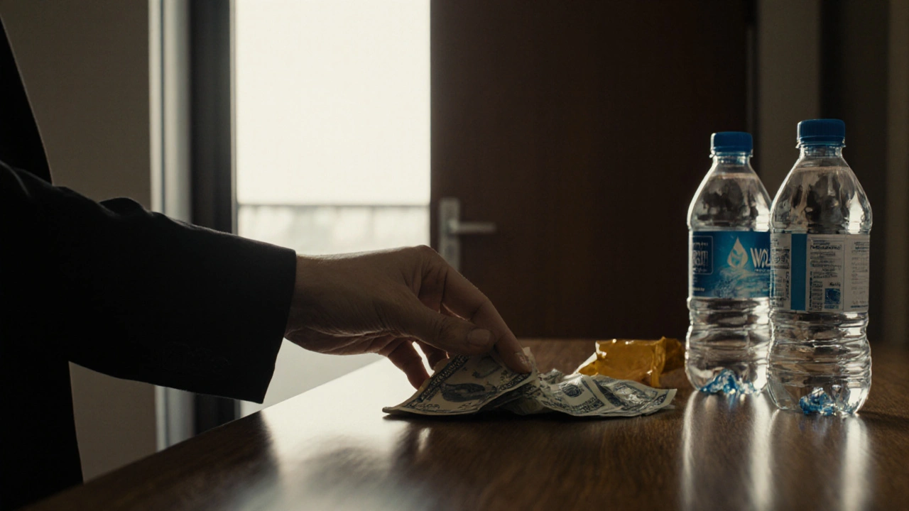 Cash and condom on a table in a hotel room with water bottle, door slightly open, no faces visible.
