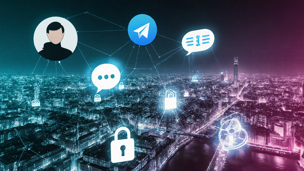 Digital network of social media icons and encrypted transfers over a London skyline.