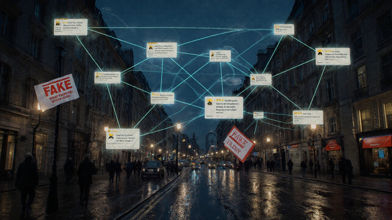 Floating network of real and fake escort reviews above a London street at night, with glowing threads and warning flags.