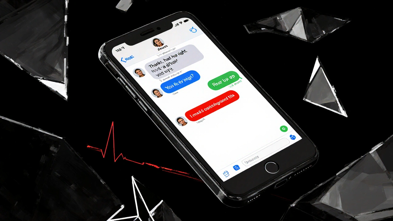 Floating smartphone with three text messages, surrounded by fragmented emotional reflections.