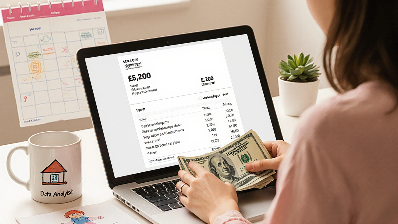 Hands placing cash on counter beside bank statement, laptop, and child&#039;s drawing.