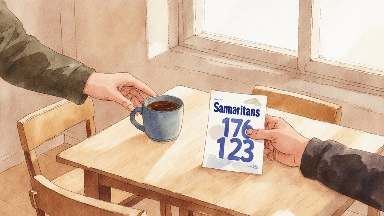 Hands reaching across a table with coffee and Samaritans flyer under warm window light.