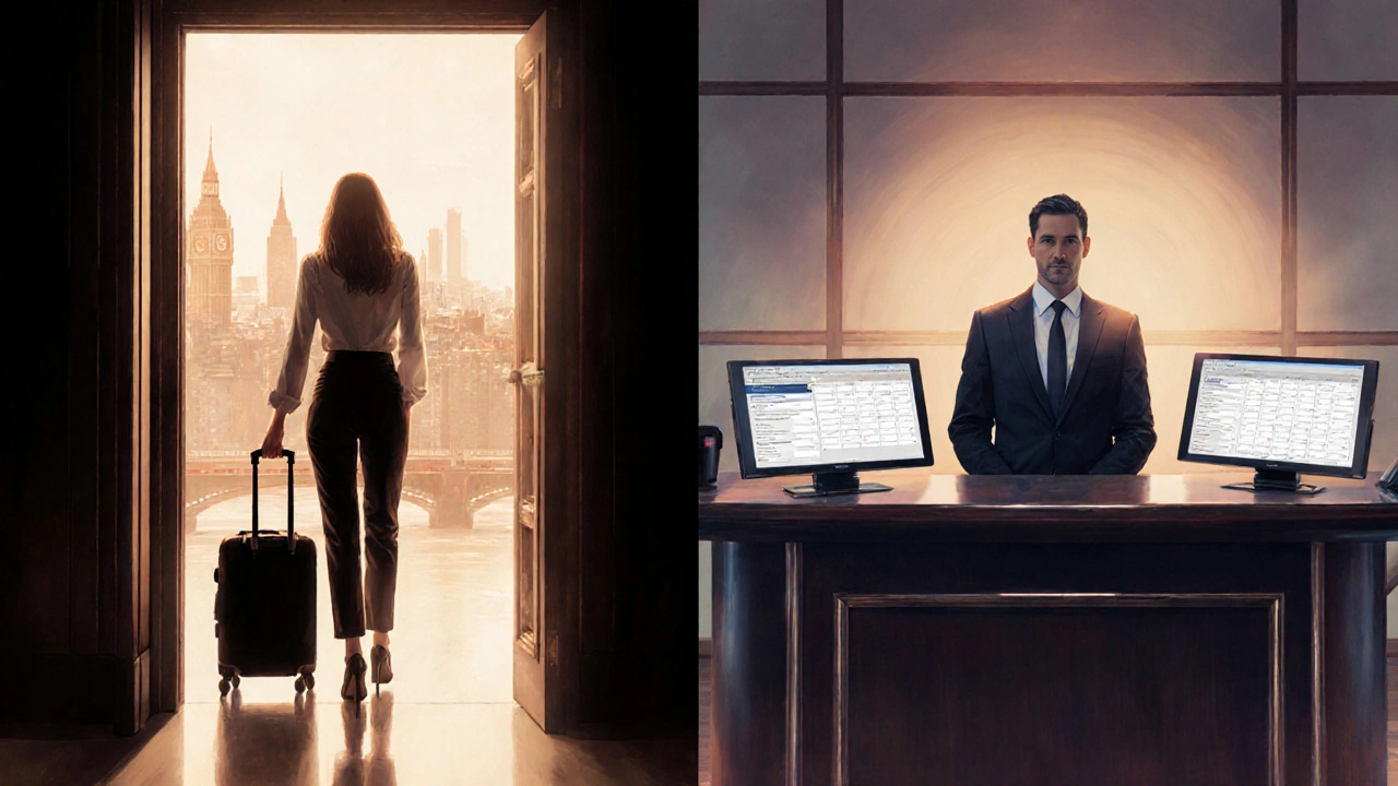 Independent escort arriving at a hotel as an agency representative stands at a desk with booking screens in the background.