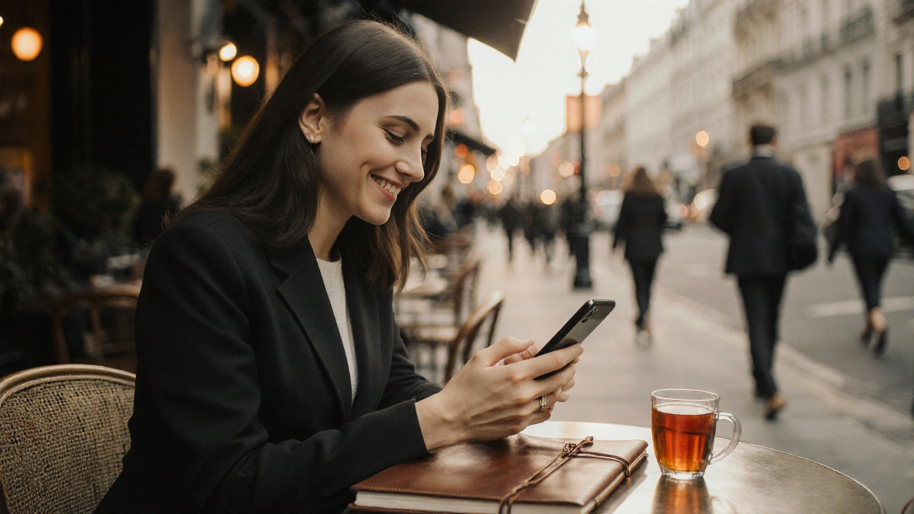 Independent escort at a London café, calmly checking messages on her phone with tea beside her.