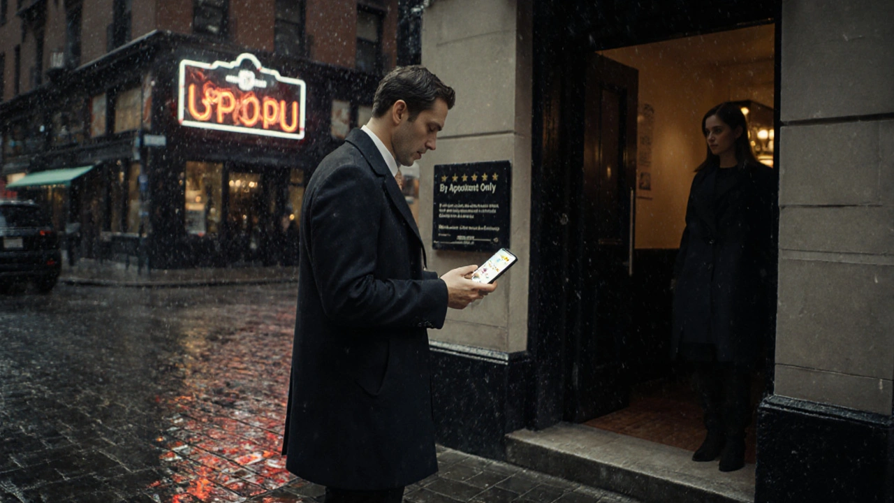 Man standing outside a discreet Chelsea townhouse, holding a phone with a real review, woman watching from the doorway.
