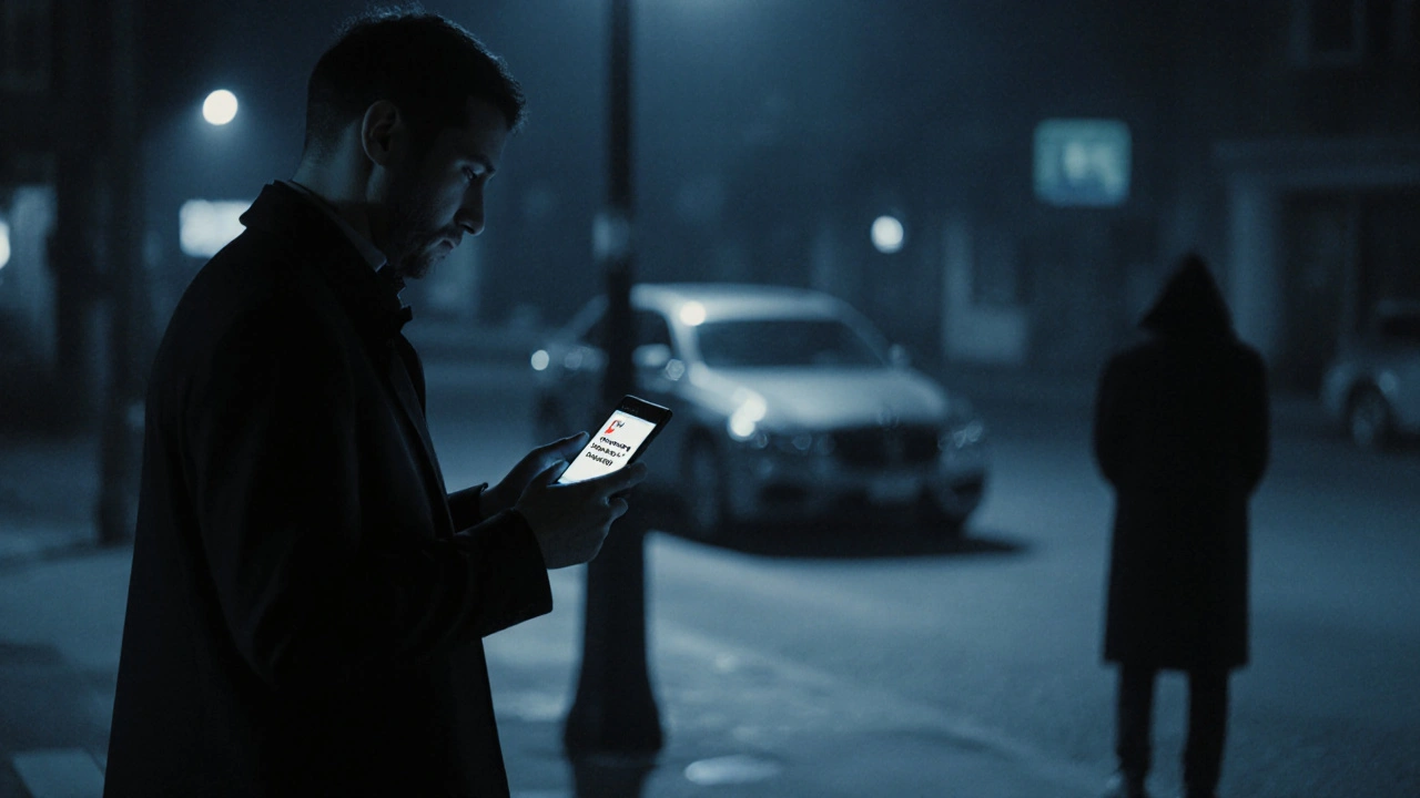 Man walking at night, looking uneasy at phone message, shadowy figure in background, symbolizing scam risk.