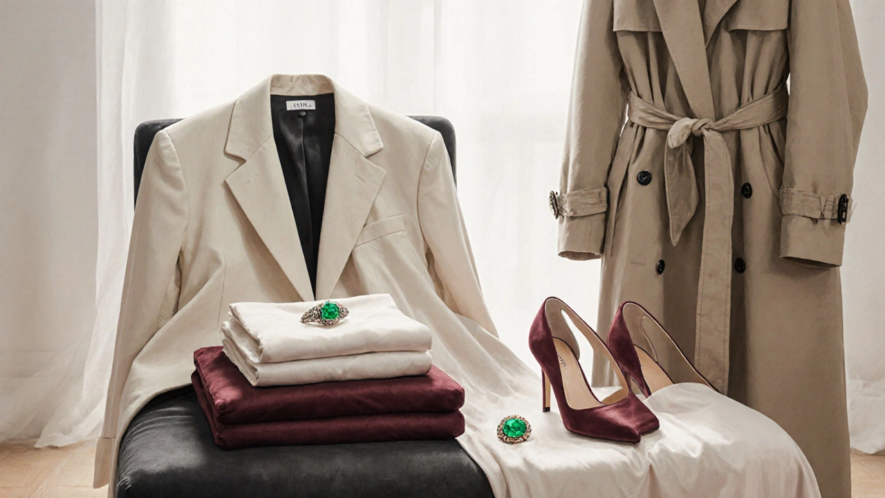 Minimalist luxury wardrobe with silk dress, blazer, heels, and gold cuff arranged neatly.