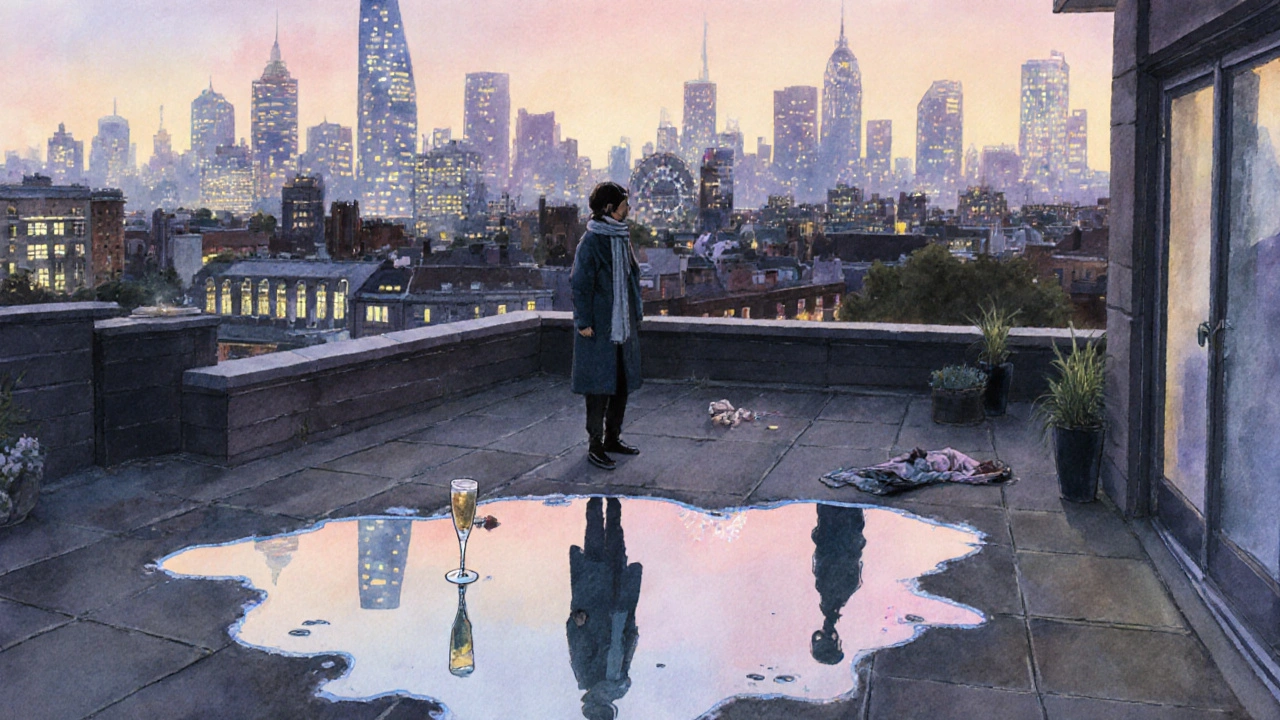 Person alone on a rooftop at dawn, city skyline behind, reflection showing a fading figure.