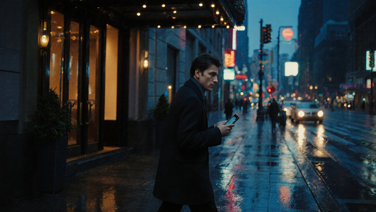 Person walking away from hotel at dusk in Soho, calm and alert, city lights in background