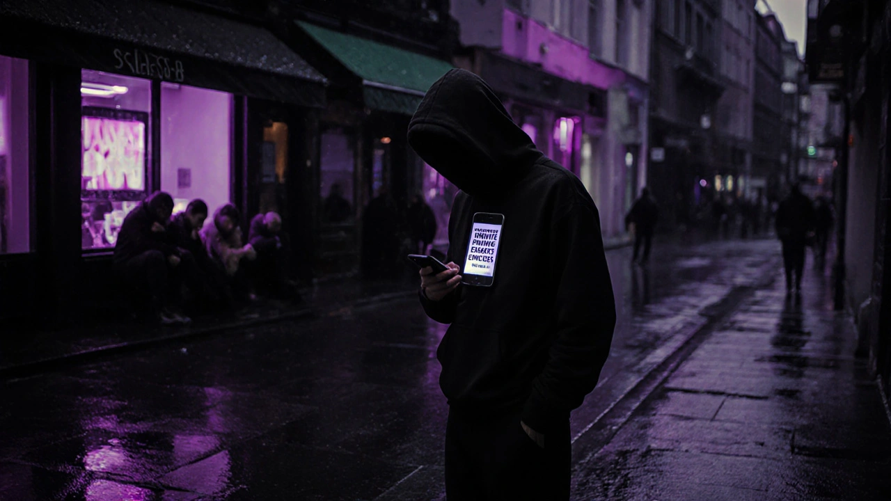 Shadowy figure on a rainy London street with scam ads on phone, vulnerable people behind.