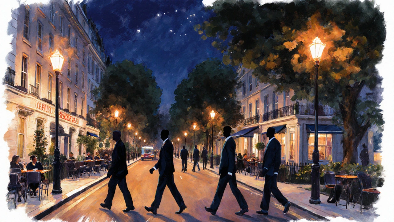 Silhouettes of confident curvy women walking through London&#039;s neighborhoods at twilight.