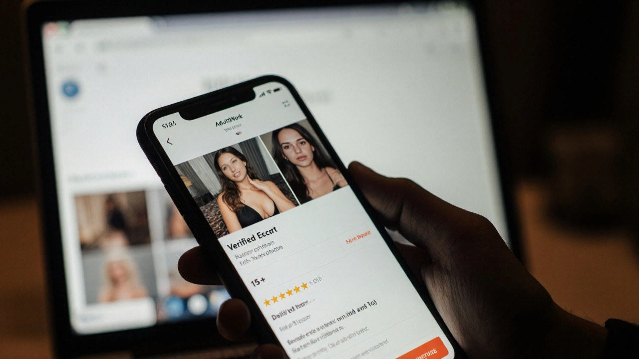 Smartphone showing verified escort profile with reviews and booking confirmation