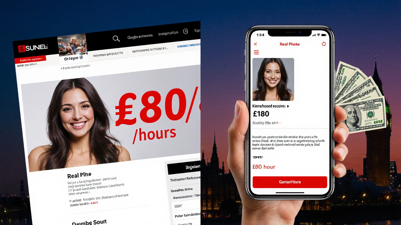 Split image: fake cheap escort ad vs real verified profile on phone, with cash beside it, London skyline behind.